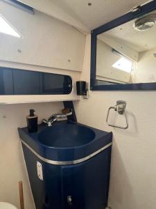 a bathroom with a blue sink and a mirror at Bateau in Le Barcarès +6 photos
