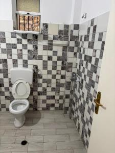 a bathroom with a toilet and a tiled wall at White Marine Hotel in Qeparo +53 photos