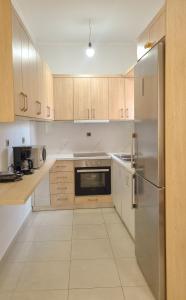 a kitchen with wooden cabinets and a stainless steel refrigerator at Villa Anemos in Nivicë