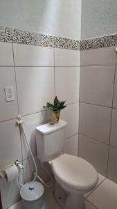 a bathroom with a toilet and a plant on top of it at Casa Beija Flor - Baleia Beach in Itapipoca +17 photos
