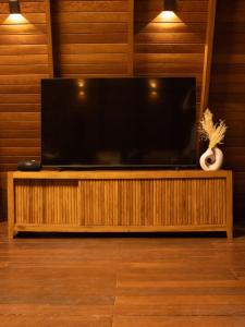 einen Flachbild-TV auf einem hölzernen Entertainment-Center in der Unterkunft Cabana Quatro Estações - Paty do Alferes - Rio de Janeiro in Paty do Alferes + 20 Fotos