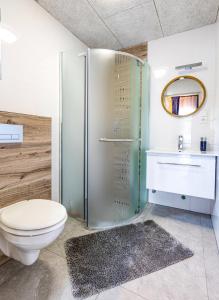 a bathroom with a shower and a toilet and a sink at Domki Bursztynowy Resort in Jarosławiec +13 photos