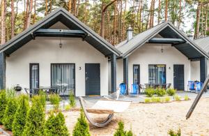 a house with a hammock in front of it at Domki Bursztynowy Resort in Jarosławiec