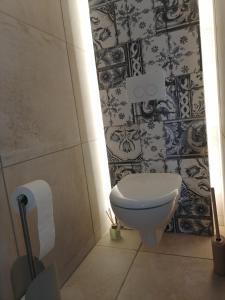 a bathroom with a toilet and a black and white wallpaper at Bastide YSATIS in Coulobres