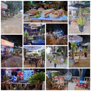 a collage of different pictures of tables and umbrellas at El chalet del parana in Encarnación