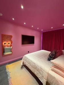 a purple bedroom with a bed and a tv at Hotel Hilo - Room 102 in Louisville