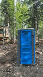a blue toilet sitting on the ground in the woods at Vibing In The Woods #6 in Houston