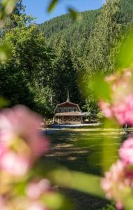 a house in the middle of a field with pink flowers at Hot Tub, Sauna, Cold Plunge - 1 mile from Rainier NP - Sleeps 8 in Ashford