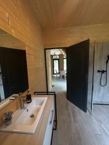 a bathroom with a sink in a room at Escape Remeti - Aframe by the River in Remeţi