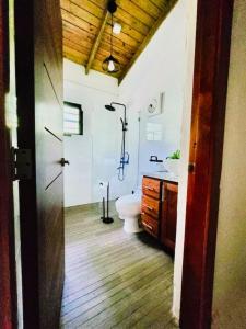 a bathroom with a toilet and a sink and a shower at Beautiful Cabin in Jarabacoa in Jarabacoa