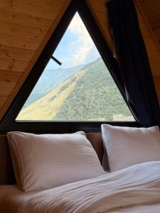a bed in a room with a large window at Gold cottages Kazbegi in Kazbegi