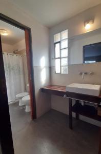a bathroom with a sink and a toilet and a mirror at Casa Viva - Tafi del Valle in Tafí del Valle
