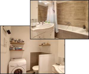 two pictures of a bathroom with a sink and a toilet at Mon paradis in Maubec