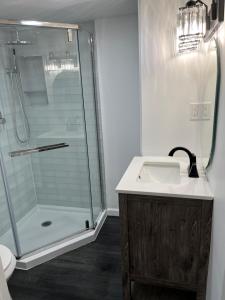 a bathroom with a shower and a sink at Cozy Modern Condo in East Orange