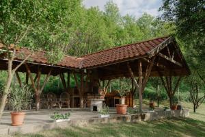 a wooden pavilion with a fireplace in a garden at Baglyas Birtok Rendezvény-és Vendégház in Nógrádmegyer +14 photos