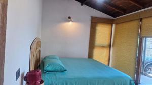 a bedroom with a bed with a blue blanket at Román Cabañas del Mirador Cabaña 1 in Pahuatlán del Valle