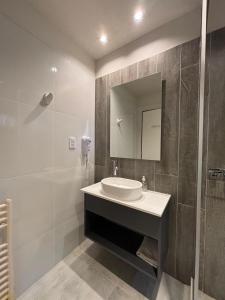 a bathroom with a sink and a mirror and a shower at Posada del Valle solo adultos in Merlo