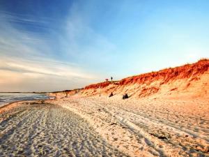 a sandy beach with people sitting on it next to the ocean at 2 person holiday home in Højer in Højer