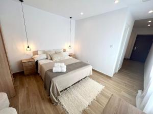 ein Schlafzimmer mit einem Bett mit zwei Handtüchern darauf in der Unterkunft Thor Hostal Boutique in Alicante