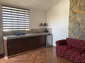 a kitchen with a sink and a couch in a room at Tierra Linda in León