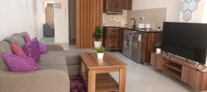 a living room with a couch and a tv and a kitchen at Modern Studio in Kenitra Center Netflix & IPTV in Kenitra