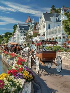 a horse drawn carriage driving down a street with flowers at Lux Stay - 3mins to UC Medical & DT Cincinnati in Cincinnati