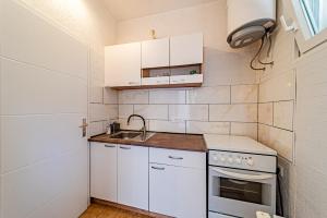 eine kleine Küche mit weißen Schränken und einer Spüle in der Unterkunft Apartments by the sea Ubli, Lastovo - 24676 in Lastovo