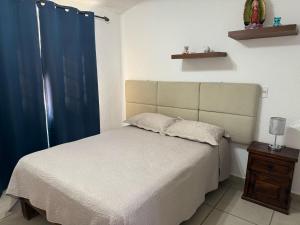 a bedroom with a bed and a blue curtain at Joyas Vallarta Coto Frente a Vidanta Worl in Jarretadera