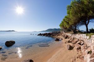 a beach with rocks and trees and the water at Campo Di Mare in Porto-Vecchio