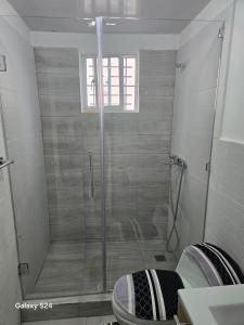 a bathroom with a shower and a toilet in it at Peace Place in Santiago de los Caballeros