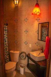 a bathroom with a toilet and a sink and a mirror at Casa Tequio in San Cristóbal de Las Casas +91 photos