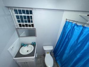 a bathroom with a toilet and a blue shower curtain at Miracleville Apartments Grenada in Saint Georgeʼs