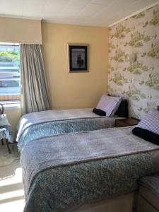 een slaapkamer met twee bedden en een raam bij Coppelia Sunrise in Omokoroa