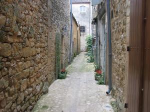 eine Gasse mit einer Steinmauer und einer schmalen Straße in der Unterkunft Duplex Carreyrou in Beaumont-du-Périgord