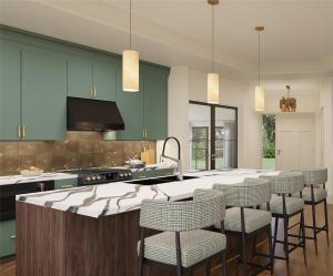 a kitchen with green cabinets and a bar with stools at Hilton Vacation Club Mill Springs Lodge Pigeon Forge in Pigeon Forge