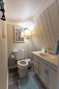 a bathroom with a toilet and a sink and a lamp at Charming Waterfront Cabin - Sleeps 10 in Rocky Mount +36 photos