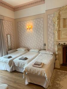 a bedroom with two beds and a fireplace at Riverside apartment in Betws-y-coed