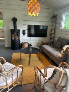 a living room with a couch and a fireplace at Cozy Retreat with Modern Charm in Hjärnarp