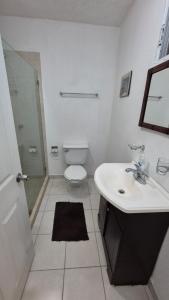 a white bathroom with a toilet and a sink at Marina Diamante Victory in Acapulco +14 photos