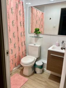コキンボにあるDepartamento con estacionamientoのバスルーム(トイレ、洗面台、シャワーカーテン付)