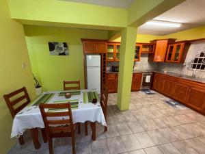 a kitchen with a table and a kitchen with green walls at Miracleville Apartments Grenada in Saint Georgeʼs