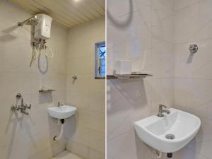 two pictures of a bathroom with a sink and a shower at Collection O Brahma Residency in Chinchiwad