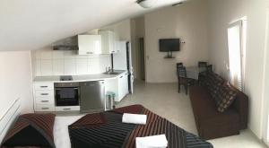a small kitchen and living room in a apartment at Apartments Villa Jennifer in Orebić