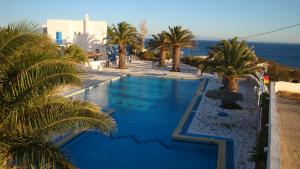 a swimming pool with palm trees and the ocean at Hotel Alkyon in Megas Gialos - Nites