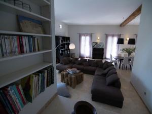 een woonkamer met een bank en boekenplanken bij Holiday Home in Hérault with Pool in Campagnan