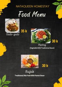 a flyer for a food menu with pictures of food at Nataqueen Bungalows in Tetebatu