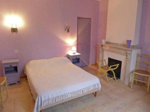 a bedroom with a bed and a fireplace at Holiday Home in Montbrun with Pool & Vineyards in Montbrun-des-Corbières