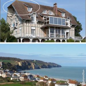 two pictures of a large house on the water at La Plage en Normandie in Pourville-sur-Mer