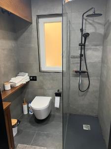a bathroom with a shower and a toilet and a window at The Island Crib in Sannat
