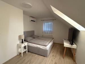 a bedroom with a bed and a desk with a television at Samaria Apartments in Šamorín